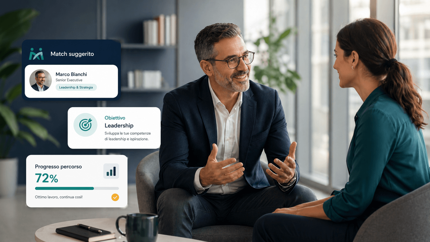 Sessione di mentoring professionale con elementi della piattaforma MentorAbilia